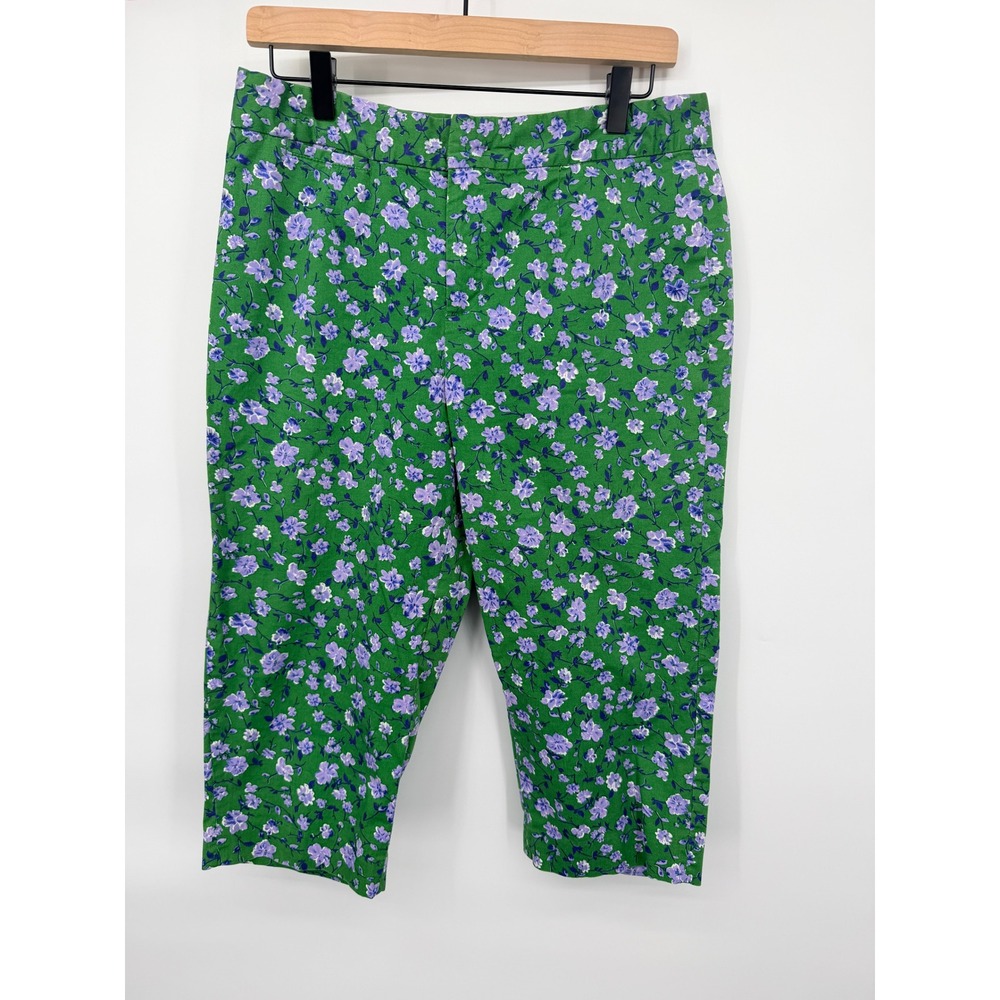 Isaac Mizrahi Live! Cropped Pants Women 12 Green Purple Floral Excellent Stretch